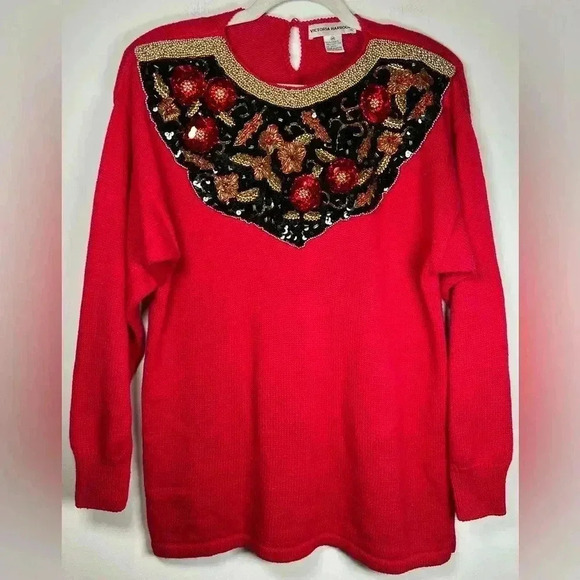 Victoria Harbour Sweaters - Vintage Victoria Harbour Holiday Sweater Red Gold Black Sequin Bead Size Medium